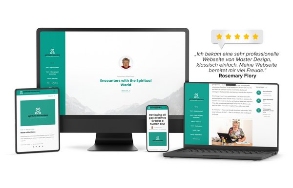 Website-Launch spiritual-encounters.com – klar strukturiert und optimiert für alle Endgeräte. Website-Launch spiritual-encounters.com – moderne WordPress-Website mit klassischem, ruhigem Design, sichtbar auf Desktop, Tablet und Smartphone.