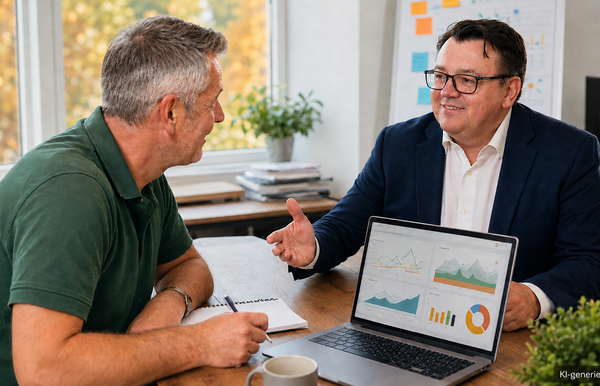 Nach der Sommerpause: Online-Marketing wieder auf Kurs bringen Gerhard Heinrich im Beratungsgespräch zum Online-Marketing mit einem KMU-Kunden.