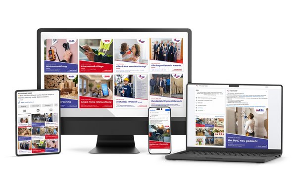 Strukturierter Social Media Auftritt für Josef Fuchs, ASL und EPB – einheitlich auf einer Plattform sichtbar Social Media Vorlagen der Josef Fuchs GmbH: drei Beiträge mit erkennbarer Farbwelt (Weiß, Lila, Rot) und Logos für Fuchs, ASL und EPB.