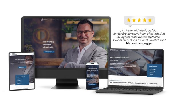 Neue Website von Markus Langegger – digitale Plattform für Karriereberatung und Teamaufbau Website von Markus Langegger auf Desktop, Laptop, Tablet und Smartphone – mit Karriereinfos, Kontaktformular und persönlicher Vorstellung.