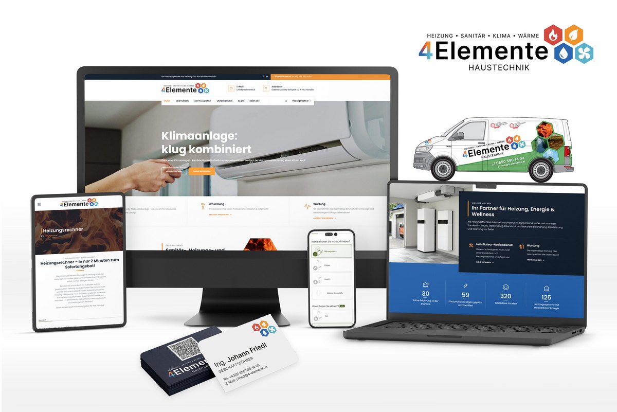 Ganzheitliche Markenentwicklung für die 4-ELEMENTE GmbH: Vom Corporate Design bis zur responsiven Website