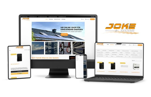 Responsive Webdesign des Online-Shops von JOKE-Systems auf verschiedenen Geräten: Desktop-Monitor, Laptop, Tablet und Smartphone. Der Shop zeigt Kategorien wie Photovoltaik, Energiespeicher und Schaltschränke, optimiert für ein übersichtliches und modernes Nutzererlebnis. Das Logo von JOKE-Systems ist ebenfalls prominent dargestellt.