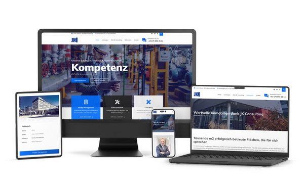 Relaunch der Website von JK Consulting e.U. – responsive und suchmaschinenoptimiert Website-Relaunch von JK Consulting e.U. – moderne WordPress-Seite mit klarer Struktur, sichtbar auf Desktop, Tablet und Smartphone.