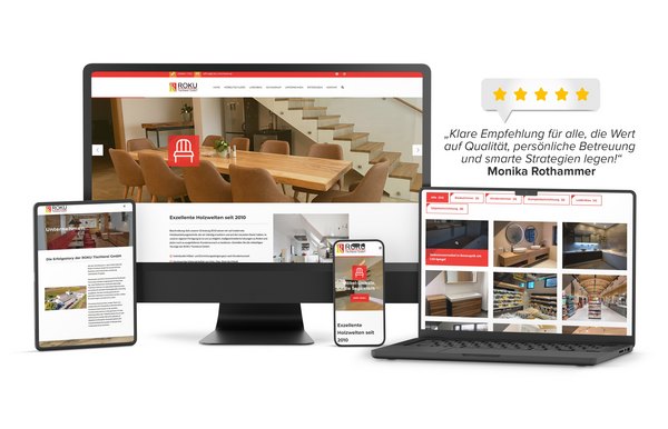 Website-Relaunch der ROKU Tischlerei: Maßarbeit in Inhalt, Design und Technik Responsive Website der ROKU Tischlerei auf Desktop, Tablet und Smartphone mit Fokus auf Innenausbau und Möbeltischlerei