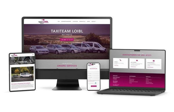 Mockup der neu gestalteten Website von Taxiteam Rechnitz, die auf einem Desktop, Laptop, Tablet und Smartphone dargestellt wird. Die Website zeigt das Corporate Design von Taxi Loibl und bietet eine übersichtliche Navigation zu den Services wie Taxi, Krankentransporte, Flughafentransfers und Bikeshuttle.