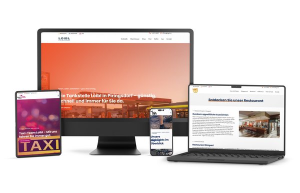 Digitale Plattform von LOGO1 mit TYPO3: Vier Services, zentrale Verwaltung, abgestimmtes Design LOGO1-Webplattform dargestellt auf verschiedenen Endgeräten: Desktop, Tablet, Smartphone – mit farblich gekennzeichneten Bereichen für Taxi, Restaurant, Bikeverleih und Tankstelle.