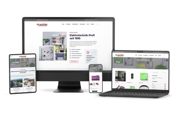 Website-Relaunch für die Elektro Maschler GmbH – modernes WordPress-Design mit integriertem WooCommerce-Shop Responsiver Webauftritt der Elektro Maschler GmbH auf Desktop, Laptop, Tablet und Smartphone. Die Website zeigt Startseite, Produktübersicht und technische Leistungen in einem klaren Layout mit integriertem WooCommerce-Webshop.