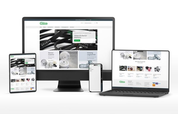 Responsive Webdesign der Gliewe GmbH auf verschiedenen Geräten, einschließlich Desktop, Laptop, Tablet und Smartphone, die den neuen Magento-basierten Webshop anzeigen.