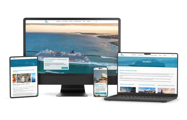 TYPO3-Relaunch der Plattform anbord.at – modernes Webdesign für Kreuzfahrtangebote mit optimierter Suche und Newsletter-System Mockup der Website anbord.at auf verschiedenen Geräten – Desktop, Tablet und Smartphone mit klarer Navigation, Kreuzfahrtangeboten, Suchfunktion und Kontaktformular.
