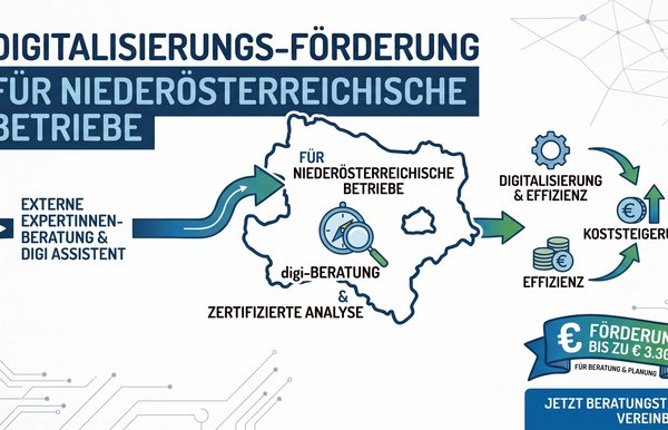 Bis zu 3.300 Euro Förderung für Ihre Digitalisierungsberatung in Niederösterreich Digitalisierungsförderung für niederösterreichische Betriebe: Zertifizierte Digi-Beratung unterstützt bei Digitalisierung, Effizienzsteigerung und Kostensenkung.