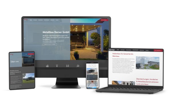 Website-Relaunch für Metallbau Dorner GmbH – responsives WordPress-Design mit Fokus auf Recruiting und Benutzerfreundlichkeit Responsive Website der Metallbau Dorner GmbH auf Desktop, Laptop, Tablet und Smartphone – mit modernen Layouts für Kunden- und Karriereseiten, klarer Navigation und mobiltauglichem Design.
