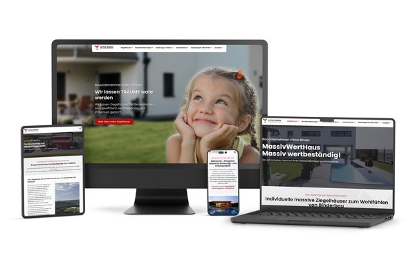 Website-Relaunch für Binder Bau – neue Inhalte, frisches Design und strukturierte Nutzerführung auf TYPO3-Basis Website der Viktor Binder GmbH auf Desktop, Tablet und Smartphone – mit modernem Design, neuen Texten und klarer Navigation.