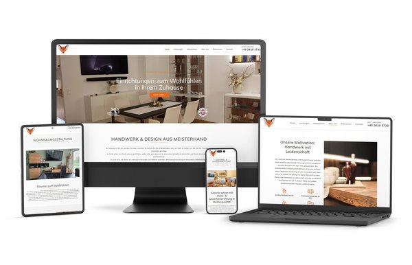 Tischlerei Fuchs GmbH: Moderne, responsive WordPress-Website für Möbel und Innenausbau – optimiert für alle Endgeräte Responsive Website-Design der Tischlerei Fuchs GmbH auf verschiedenen Geräten: Desktop-Monitor, Laptop, Tablet und Smartphone. Die Website zeigt individuelle Holzmöbel, Wohnraumlösungen und Holzstiegen in moderner Darstellung.