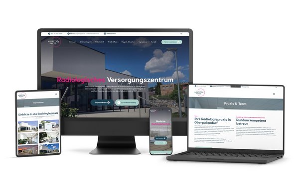 Website-Relaunch für die Radiologiepraxis Dr. Schamp-Hertling – moderne WordPress-Seite mit klarer Navigation und responsivem Design Responsive Website der Radiologiepraxis Dr. Schamp-Hertling auf Desktop, Laptop, Tablet und Smartphone. Die Website zeigt medizinische Leistungen, Patienteninformationen und Kontaktmöglichkeiten in einem klaren, modernen Layout.