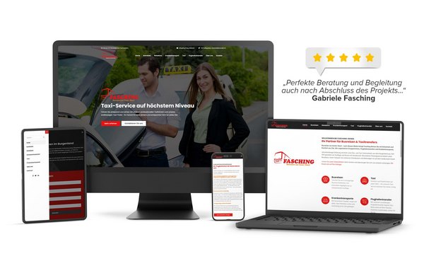 Responsive Website-Design von Fasching-Reisen auf verschiedenen Geräten: Desktop-Monitor, Laptop, Tablet und Smartphone. Die Website zeigt ein modernes Layout mit Bildern von Taxis, Busreisen und Transportdiensten. Ein Kundenfeedback von Gabriele Fasching mit 5-Sterne-Bewertung ist ebenfalls sichtbar.