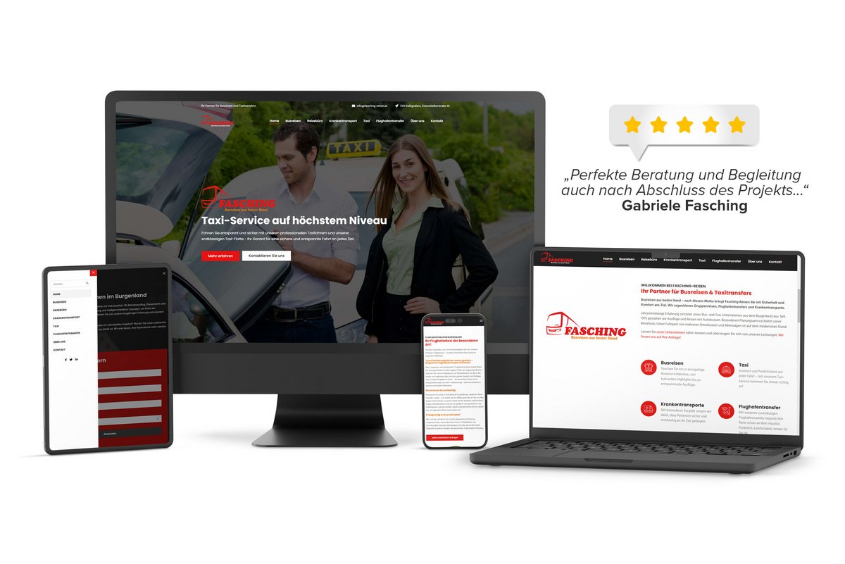 Fasching-Reisen: Moderne, responsive Website für Taxi, Busreisen und Transportdienste - optimiert für alle Endgeräte